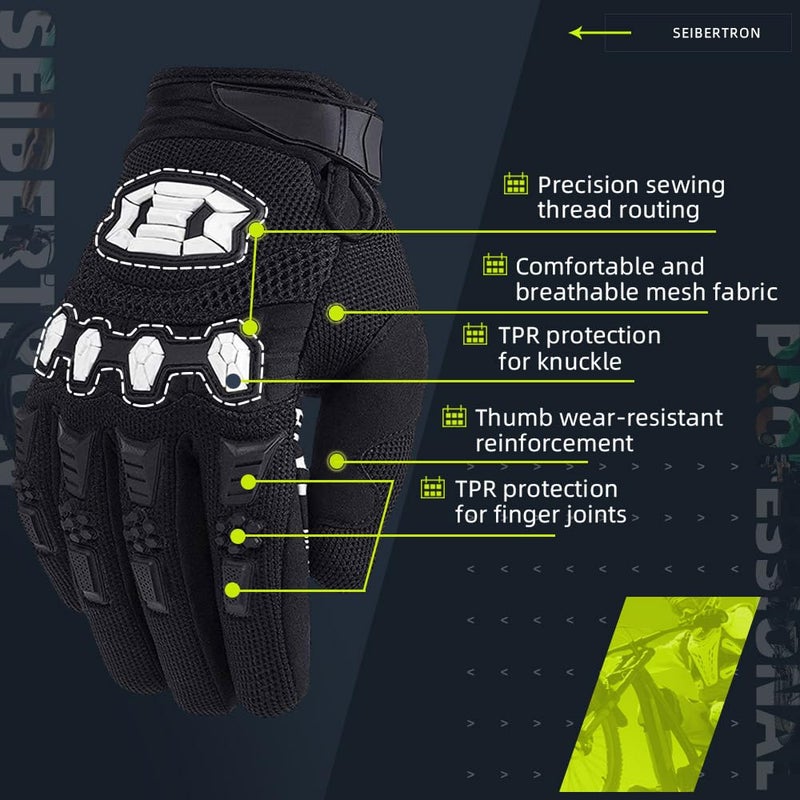 Seibertron قفازات سبيرترون للجنسين MX ATV MTB للسباق - قفاز كامل الأصابع مع شاشة تعمل باللمس لركوب الجبال وسباق الدراجات النارية باللون الأسود L - Image 3